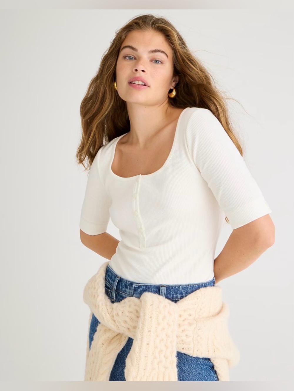 Like New!! J. Crew Women's Scoop Neck Henley Button-Front Ribbed Top, Cream - XL